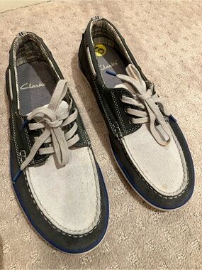 Clarks Men’s Two-Tone Gray and Navy blue slip on suede Boat Shoes